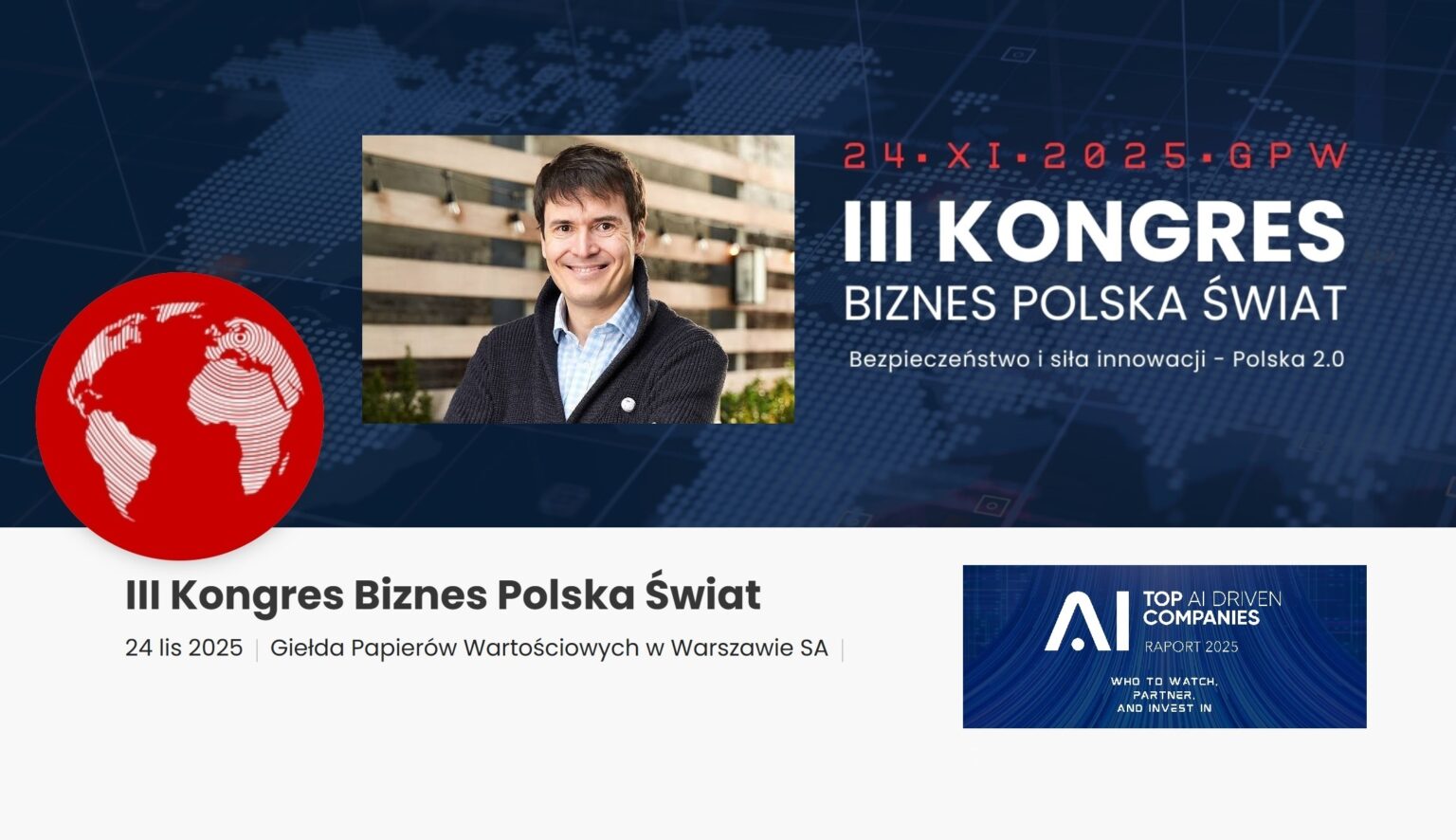 Baner promujący III Kongres Biznes Polska Świat 2025 z prof. Dariusz Jemielniak
